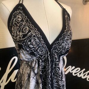 Black & White Batik Halter Maxi Dress Boho Festival Coachella Handkerchief Hem